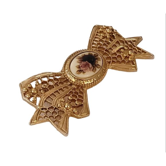 1928 Brand Gold Tone Roses Bow Pin Brooch K669 - Picture 4 of 9
